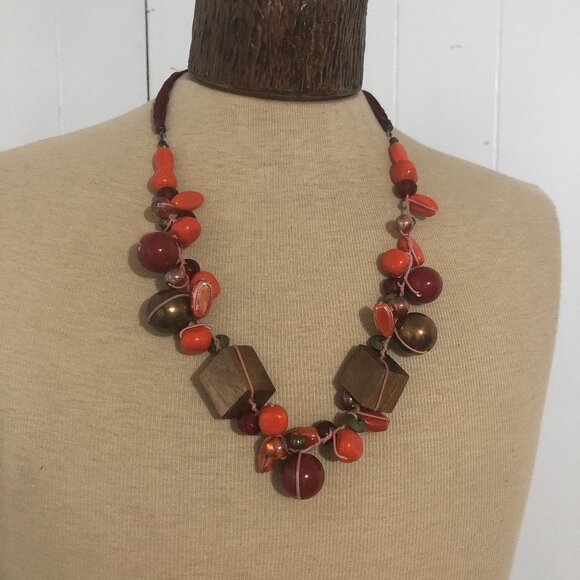 Womens Orange Bead & Wood Chunk Necklace. - Picture 1 of 5